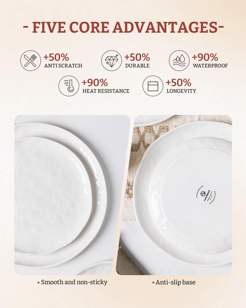 Famiware Porcelain kitchen plates and bowls set, Modern dishes set for 4, Handmade Wave Edge Dinnerware Sets, Microwave and Dishwasher Safe Tableware, Polar White (16pc)
