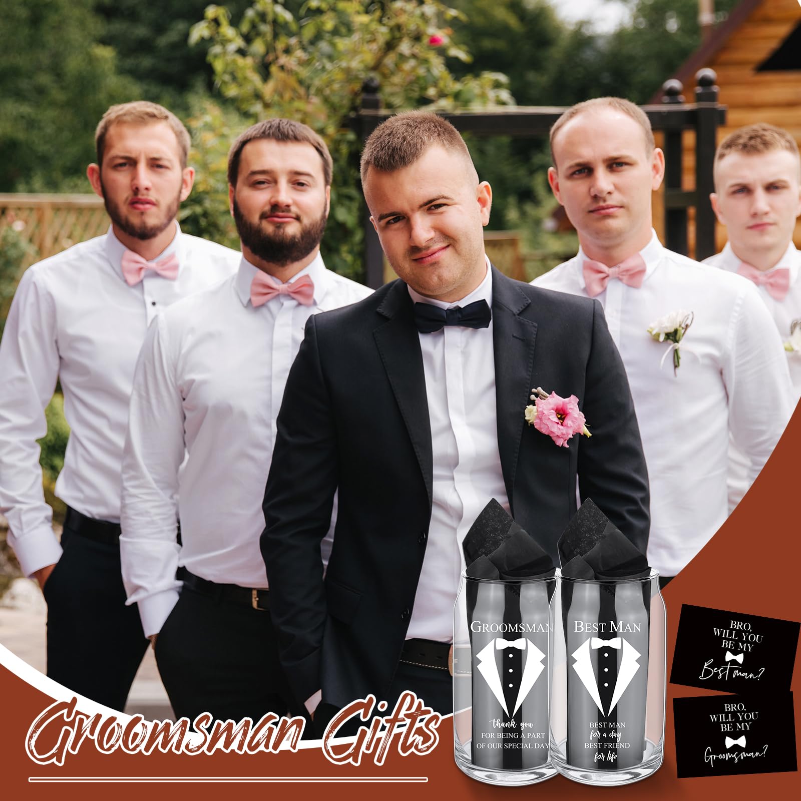 Nuanchu Set of 7 Groomsman Proposal Gifts Best Man Gift Beer Glass Set with Tuxedo Glasses Will You Be My Groomsman Cards Tissue Paper for Bachelor Party(16 oz,Beer Glasses)