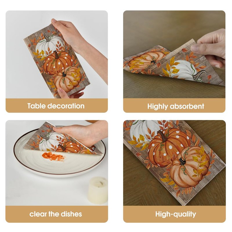 Horaldaily 100 Fall Disposable Paper Decorative Guest Napkins, Pumpkin White Orange Wood Hand Towel for Party Lunch Dinner Kitchen Bathroom