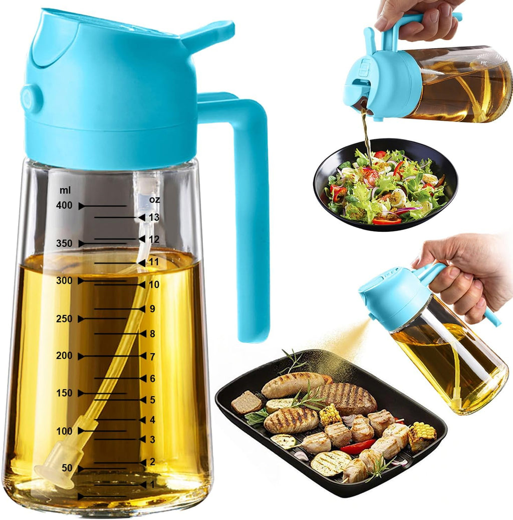 TrendPlain 16oz Glass Olive Oil Sprayer - 2-in-1 Dispenser Bottle for Cooking & BBQ - Sky Blue