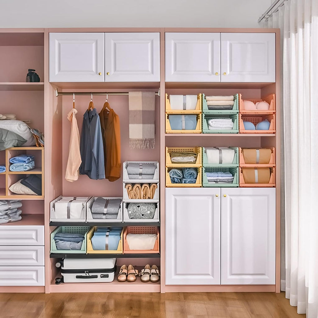 Skiennix Folding Closet Organizers - Stackable Storage Bins for Wardrobe & Office | White - 4 Pack