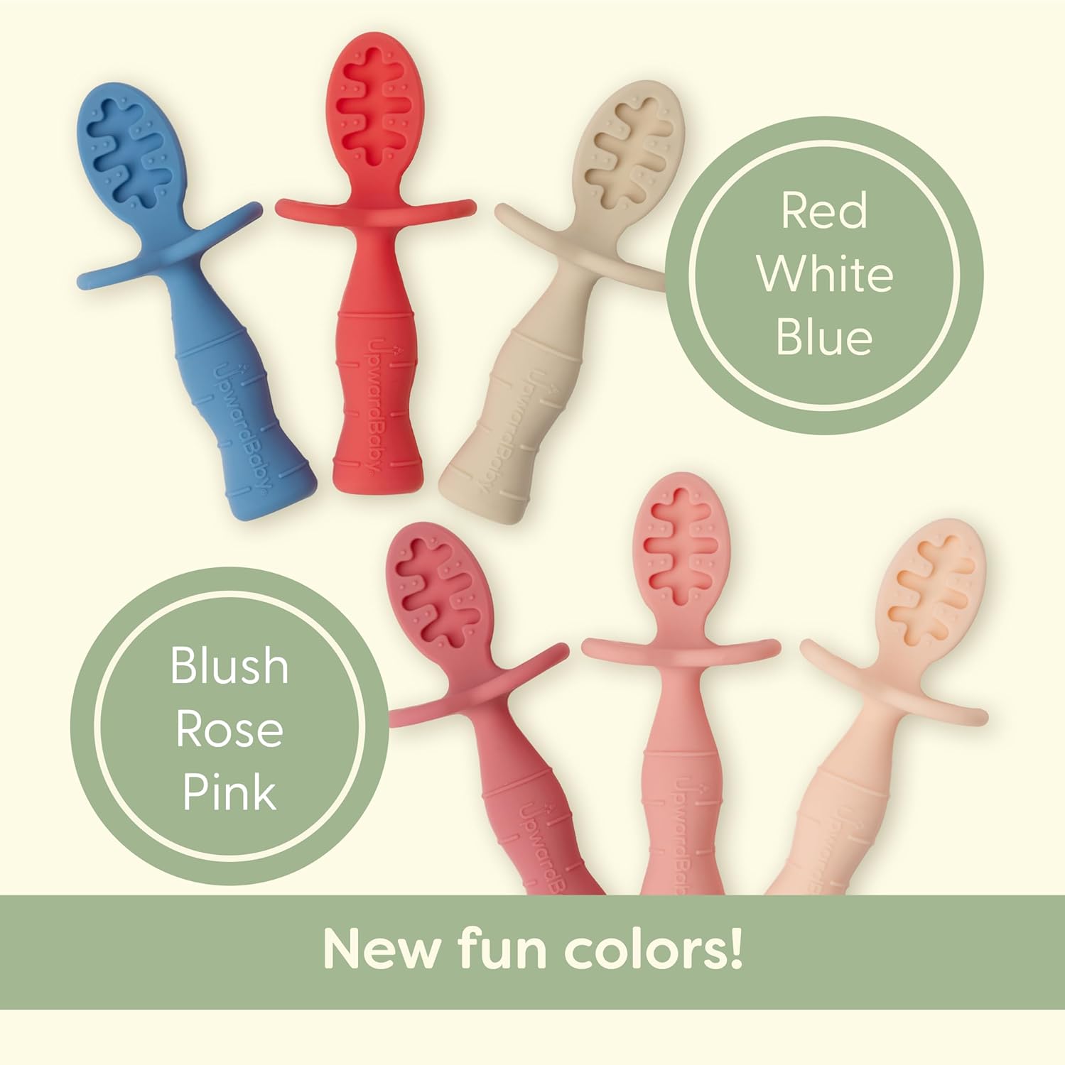 Upward Baby Spoons - Self-Feeding Toddler Utensils with Anti-Choke Barrier | 3 Pack, Silicone, Red/White/Blue
