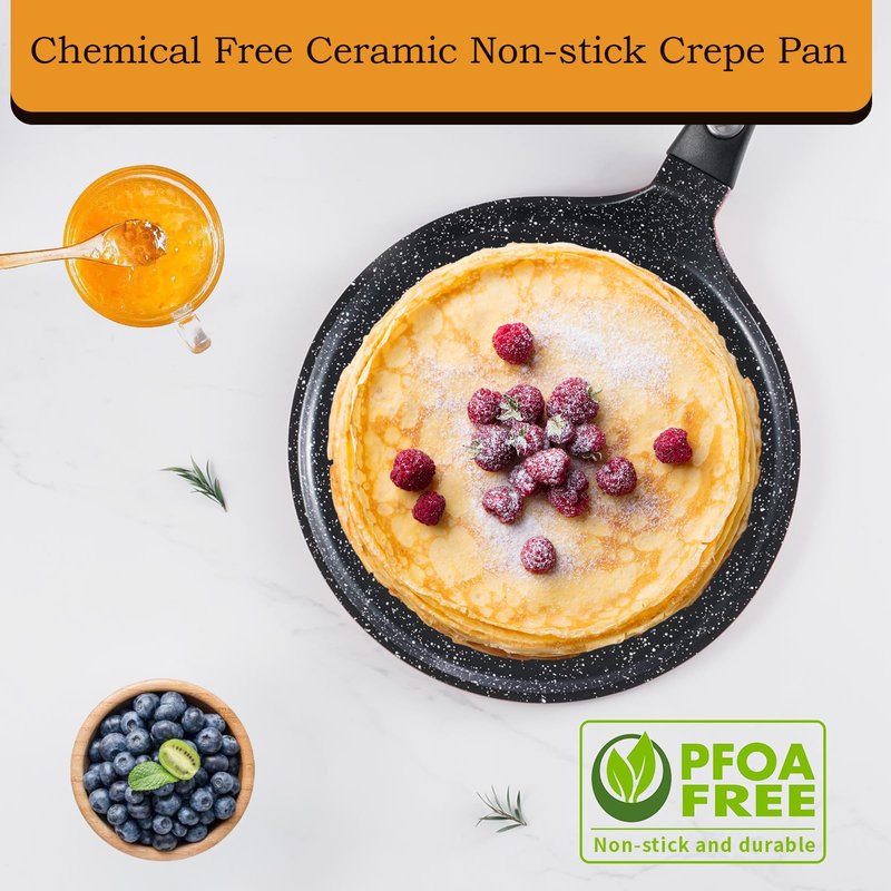 ROSSETTO Non-Stick Crepes Pan from France, Red 11in Ceramic Coating Pancake Skillet with Spreader, PFOA and PTFE-Free, Compatible with All Stovetops, for pancakes, eggs, omlets, quesadillas,tortillas