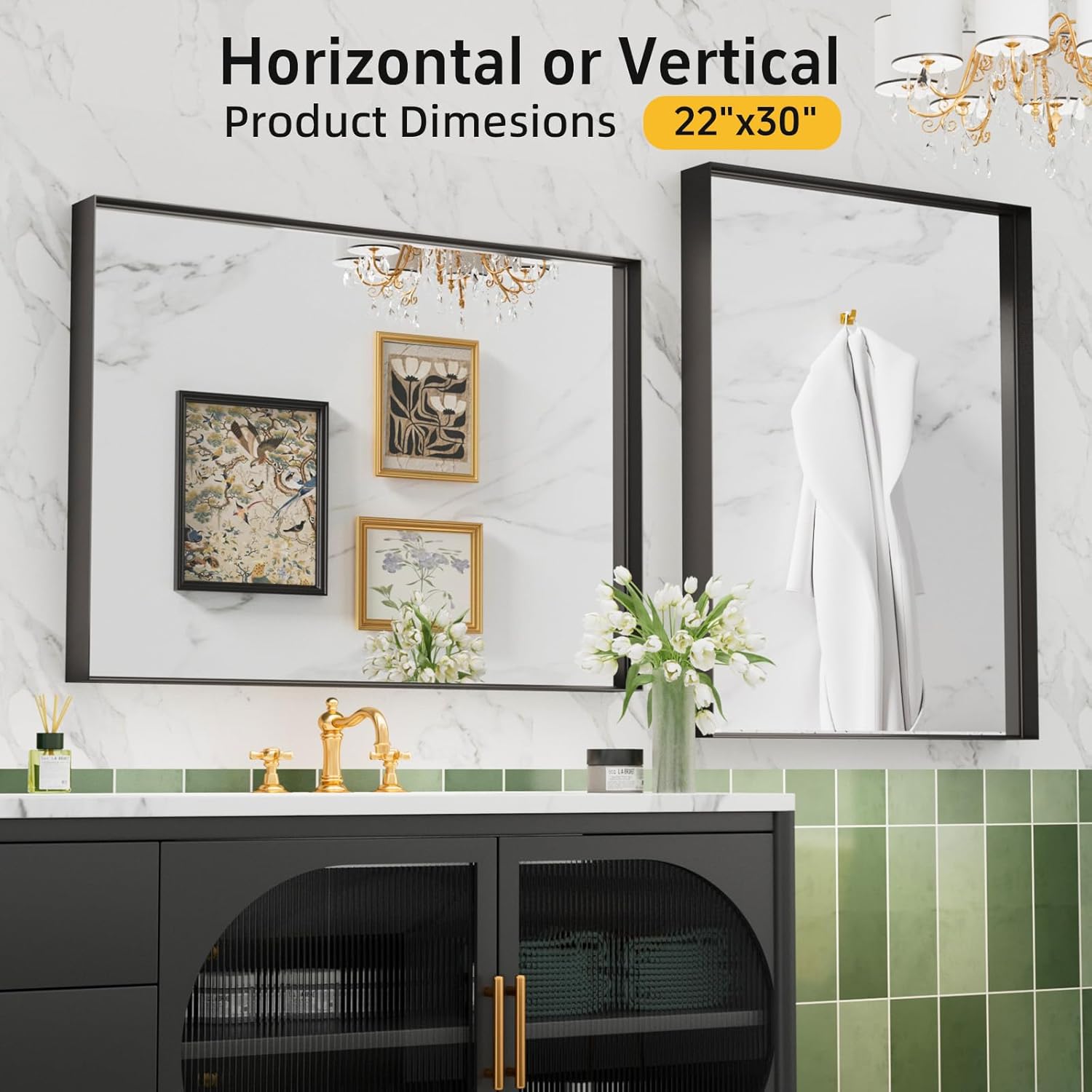 Regine Switzerland Black Vanity Wall Mirror - 22x30 Inch Rectangular Aluminum Framed Bathroom Mirror | Anti-Rust Tempered Glass, Versatile Horizontal/Vertical Design