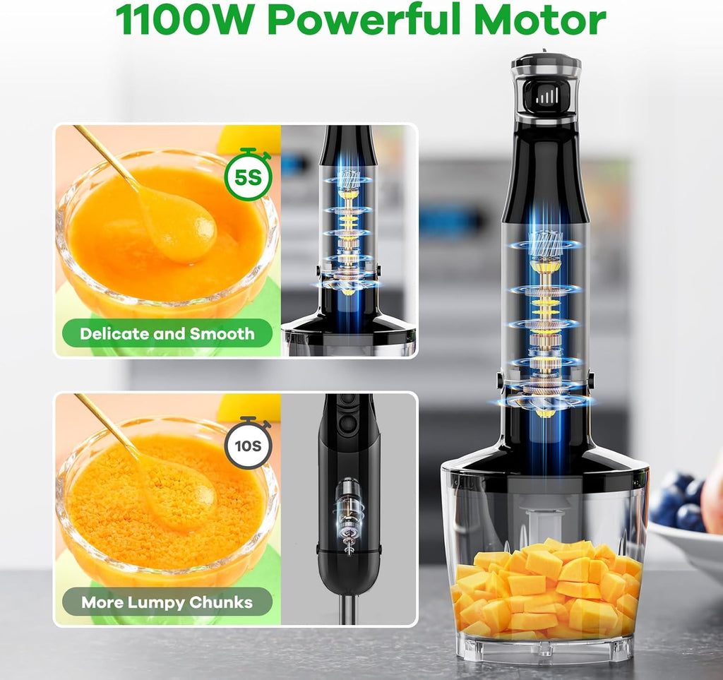 Turelar Immersion Blender - 1100W Handheld Stick Blender Set with Variable Speed & Attachments | Black