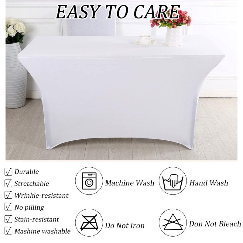 6FT Spandex Table Cover Table Cloth for Folding Tables Fitted Rectangular Tablecover Washable Wrinkle Resistant Polyester Stretch Tablecloth Protector for Wedding Banquet Party (12 Pack, White)