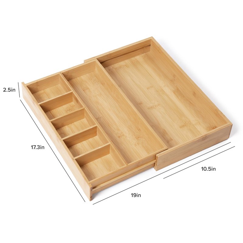 KitchenEdge Adjustable Kitchen Drawer Organizer for Utensils and Junk, Food-Safe Contract Grade with 100% Sustainable Wood, Expandable from 10.5 to 19 Inches Wide - Natural Bamboo