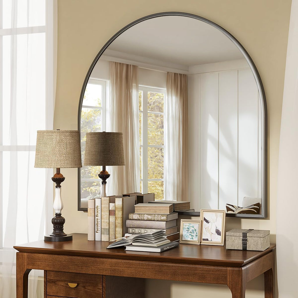 VooBang Wide Arched Wall Mirror - 31 x 32 Inch Modern Bathroom Mirror with Metal Frame | Black Finish