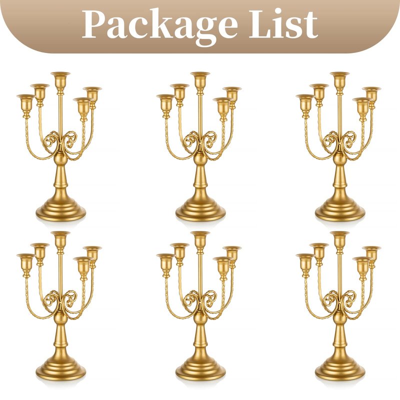 Sziqiqi Candelabra Candle Holder Gold Set of 6-5-arm Metal Candlestick Holders for Taper Candles for Centerpieces Table Wedding Christmas Fireplace Decor Birthday