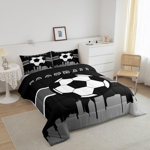 Erosebridal Little Boys Bedding Sets Twin Soccer Football Comforter Set for Toddler Kids, Sports Gamer Duvet Insert Video Game Gaming Bedding Comforters & Sets, Black Grey