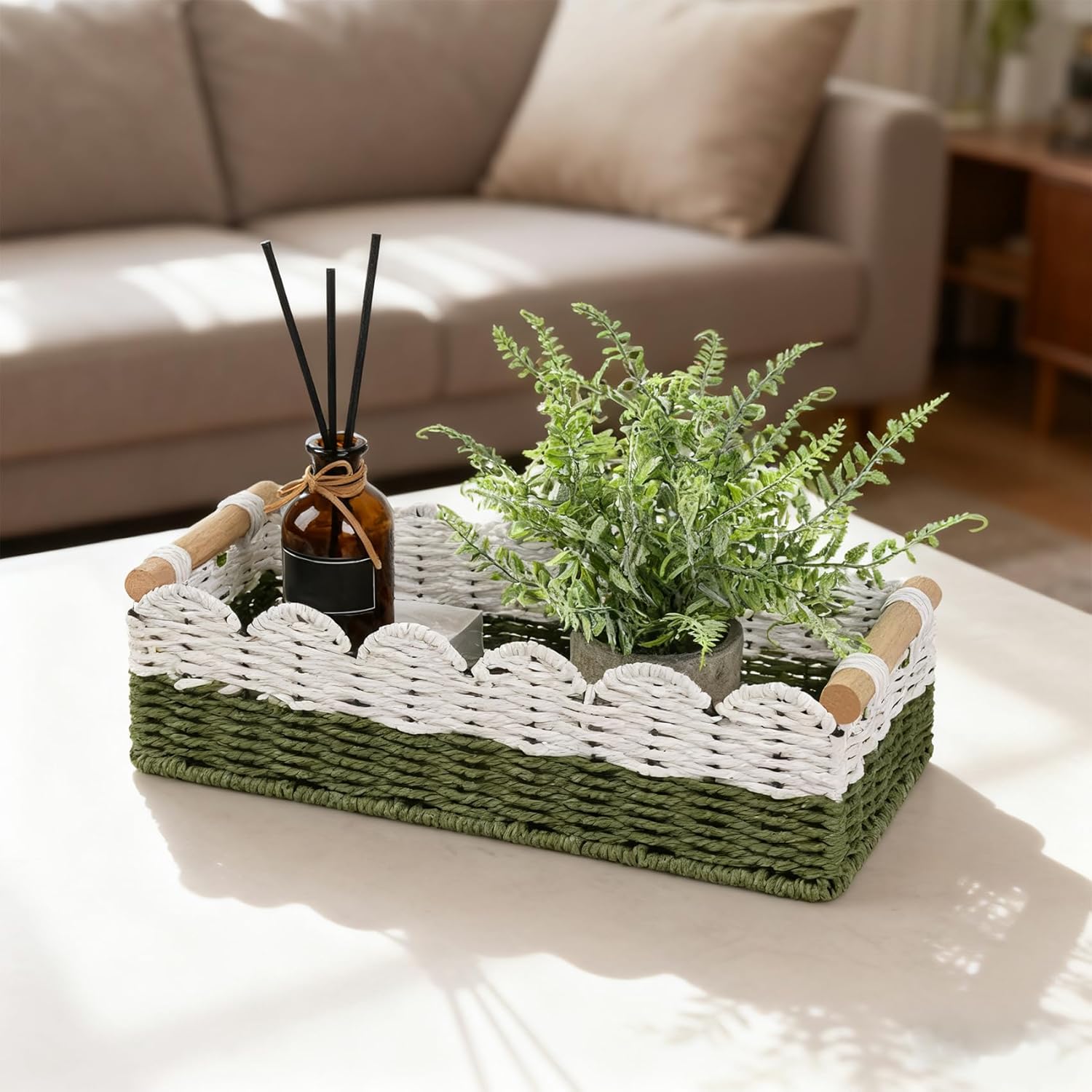 Regine Switzerland Scalloped Edge Toilet Paper Storage Basket - Handwoven Paper Rope Design | Small Size with 2 Wooden Handles