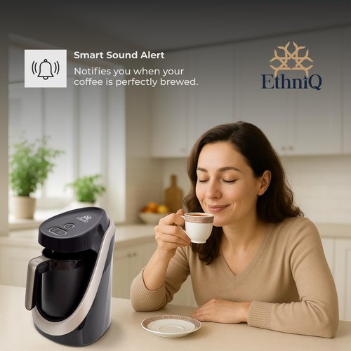 ETHNIQ Turkish Coffee Maker - 100% BPA Free, 120V, 1 to 4 Cup Brewing Capacity with Cook Sense Technology for Delicious Cup of Turkish & Greek Coffee, Turkish Coffee Pot (Dark Silver)