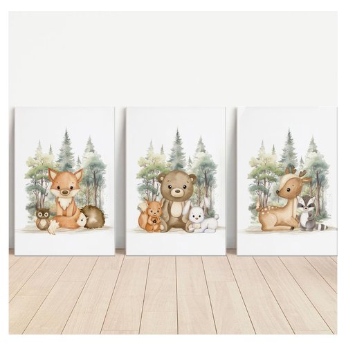 3 Pcs Nursery Woodland Animals Canvas Wall Art Fox Bear Deer Painting Picture Wall Decor Cute Wild Animals Poster Print Artwork For Baby Bedroom Kids Room Home Decoration 16inx24in Framed