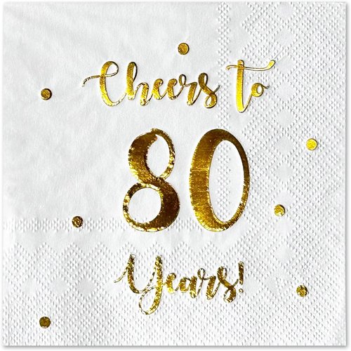 Cheers to 80 Years Cocktail Napkins - 50-Pack 3-Ply White Napkins for 80th Birthday & Anniversary Celebrations | 5 x 5 Inch
