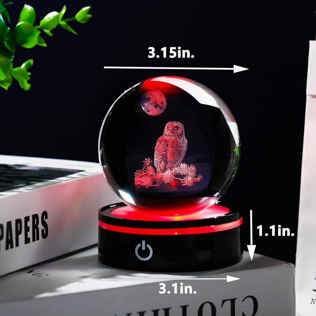 YWHL 3D Owl Figurine - Colorful Light Base Crystal Ball | Unique Gift for Owl Lovers, 80mm