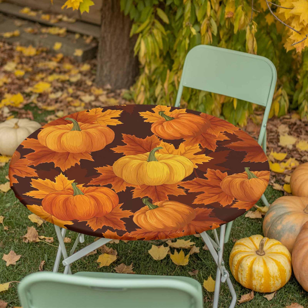 Thanksgiving Pumpkin Maple Leaves Round Table Cloth Fitted Tablecloth,Fall Table Cover with Elastic Edge Waterproof Table Cloth,Autumn Harvest Circle Table Covers for Kitchen Indoor Outdoor 45-54in