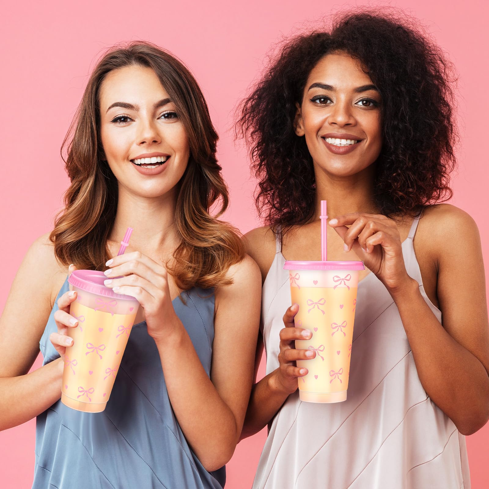 Reallnaive 12 Pcs Pink Bow Plastic Cups with Lids and Straws 24 oz Reusable Coquette Bow Tumbler Aesthetic Drinking Coffee Cup for Women Birthday Wedding Bridal Shower Party Supplies