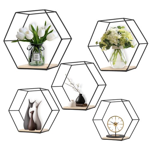 F FINEC Wall Mounted Hexagonal Floating Shelves Black Set of 5 in Different Sizes, Modern Metal Shelf, Simple Wood Partition Storage Shelves, Decor Rack for Bedroom, Living Room, Kitchen and Office