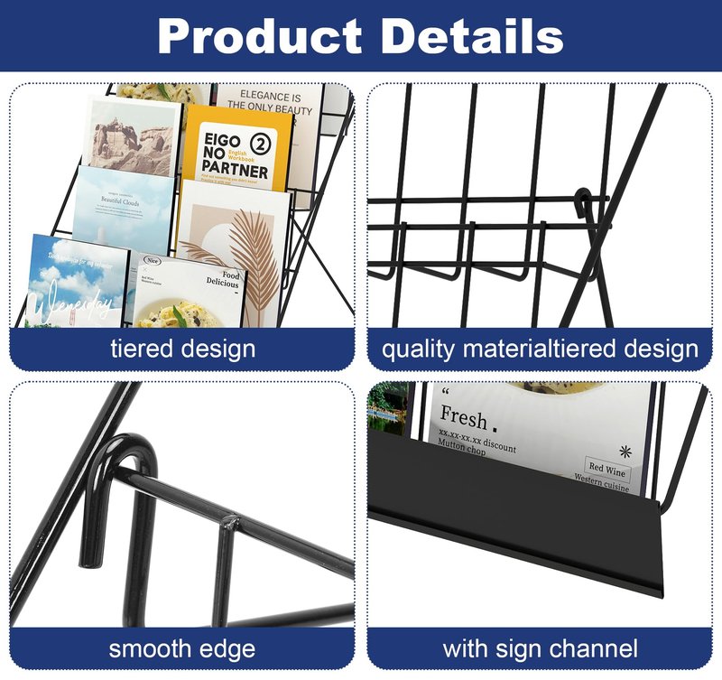 Suuiwau 6 Tier Wire Countertop Racks,18" Wide Metal Book Display Rack Magazine Rack with Sign Channel,Foldable Retail Vendor Booth Display Stand for Greeting Card,Brochure,Art Print,CD,Craft,Comic