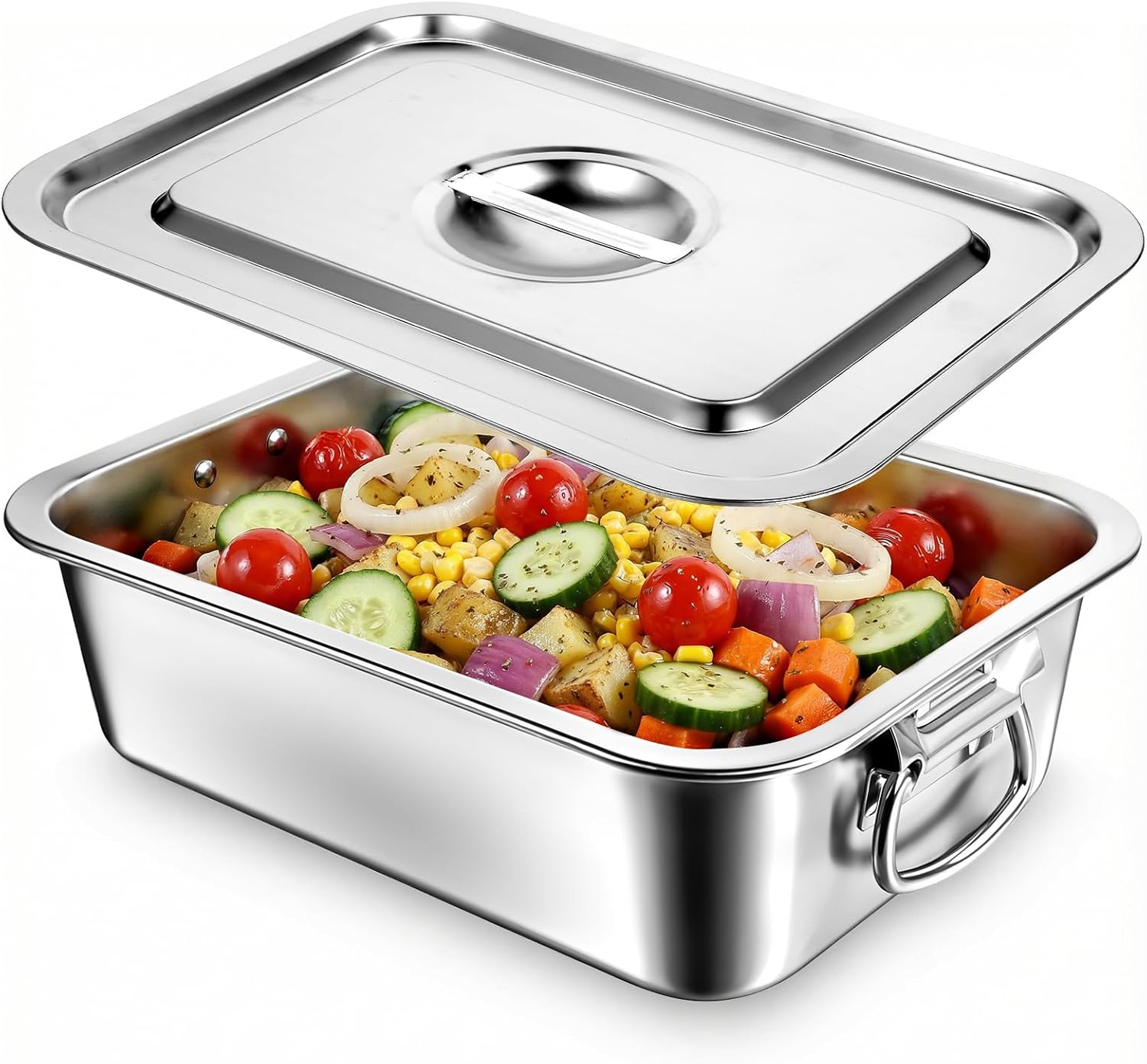 Skiennix 4-Inch Extra Deep Lasagna Pan - Nonstick Stainless Steel Baking Dish with Lid & Handles | 14x10.6 Inch Silver