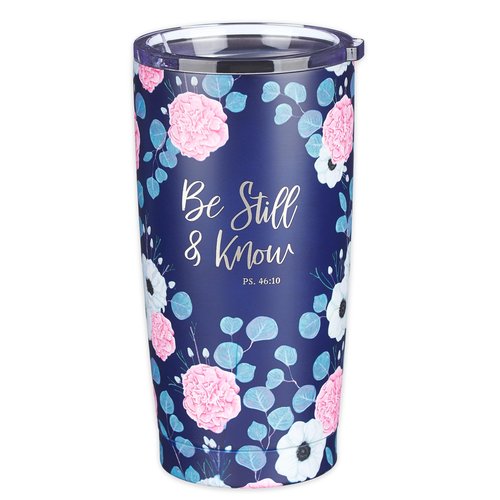 Christian Art Gifts Stainless Steel Double-Wall Vacuum Insulated Travel Mug 18 oz Navy Blue with Pink Floral Tumbler with Lid for Women with Inspirational Bible Verse - Be Still & Know -Psalm 46:10