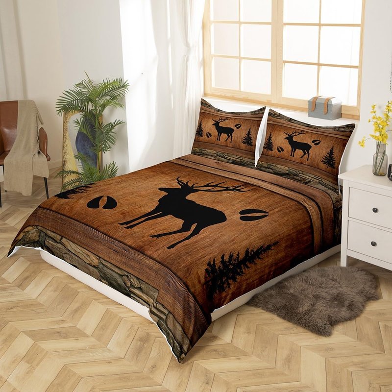 Manfei Rustic Deer Duvet Cover Set King Size, Black Trees Deer Paw Print Comforter Cover with 2 Pillowcases, Brwon Wooden Plank Bedding Set 3pcs for Kids Boys Wild Animal Bedspread Cover,No Comforter