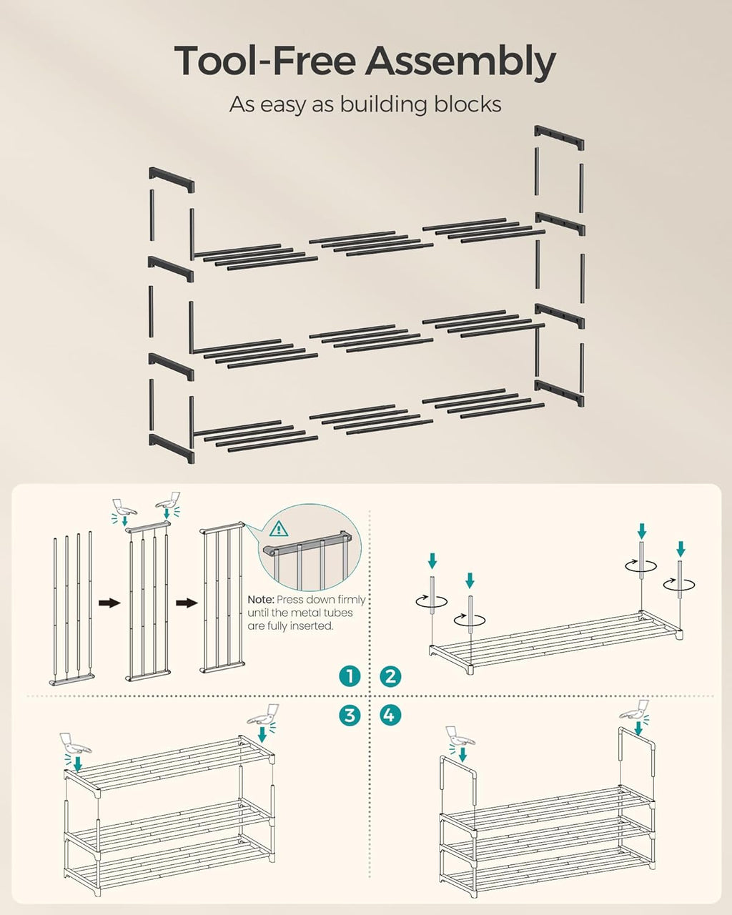 SONGMICS Shoe Rack - 3-Tier Metal Organizer for 20-24 Pairs | Stackable & Versatile Design, Black 11.8 x 46.1 x 21.7 Inches