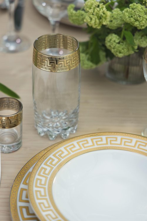 Joseph Sedgh Collection Greek Key Highball Glasses Set of 6-13 oz Tall Glasses. Ideal for Water, Mojitos, Mixed Drinks, Dishwasher Safe Premium European Grade Glassware