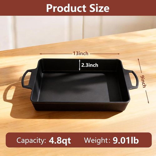KEESHA Cast Iron Pizza Pan - 9x13 Inch Pre-Seasoned Deep Baking Dish for Casserole, Focaccia & Lasagna