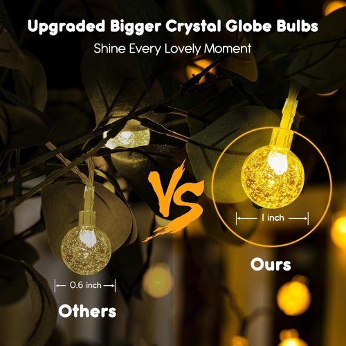 Minetom Crystal Globe String Lights - 33 ft 60 LED Battery Operated Fairy Lights with Remote & 8 Modes | Waterproof Warm White for Bedroom, Tent, Patio, Wedding Decor