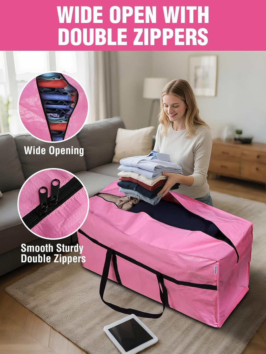 WORKPRO Extra Large 66 Gallon Moving Bag - Heavy-Duty, Water-Resistant Storage Tote with Zippers & Handles | Pink