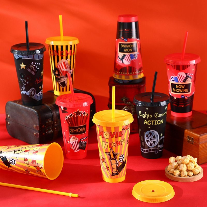 Sweetude 12 Pcs Movie Night Cups Movie Night Party Supplies Favors Movie 24oz Cups with Lid and Straw Disposable Plastic Cups for Movie Party Decorations Birthday Party Favors