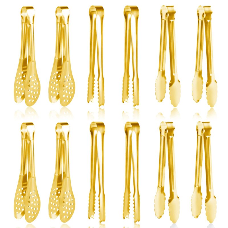 12 Pack Gold Premium Small Serving Tongs, Dmoera Mini Stainless Steel Appetizer Tongs, 5 Inch(12.7cm)