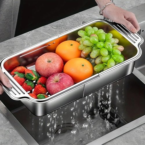 Collapsible Colander Strainer Basket, IEMIEBSHA Stainless Steel Extendable Kitchen Sink Accessories, Retractable Drain Basket for Fruit and Vegetable Wash, Drain Pasta and Dry Dishes