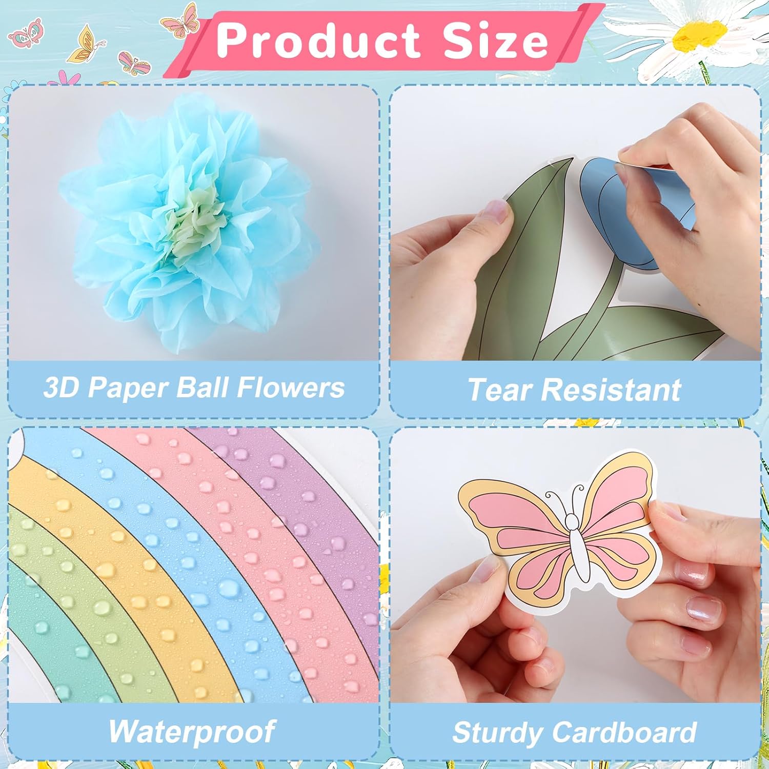 Skiennix Flower Bulletin Board Decorations - 3D Tissue Paper Pompoms & Butterfly Cutouts | Floral Classroom Decor