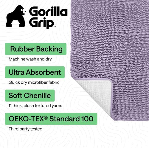 GORILLA GRIP Bath Rug Mat - Thick Soft Absorbent Chenille | Quick-Dry Microfiber, 44x26, Light Purple