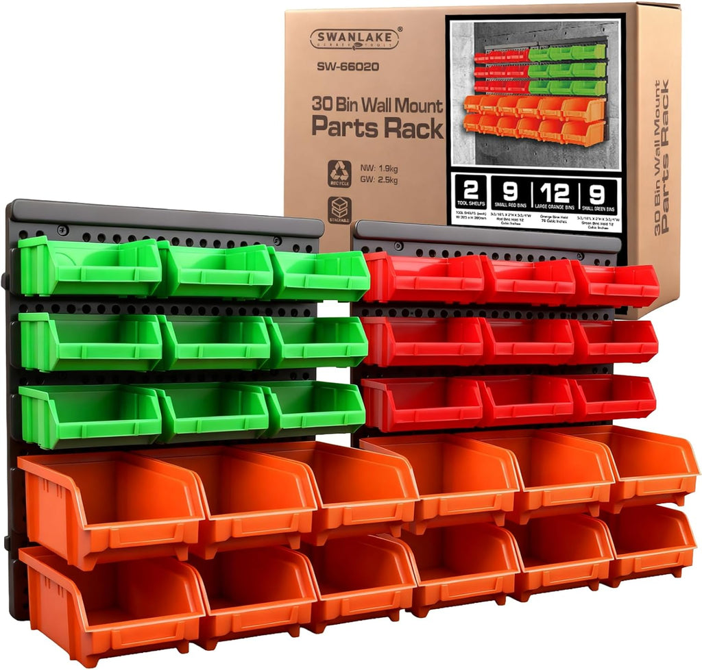 SWANLAKE Heavy-Duty Wall-Mounted Storage Bins | 30-Bin Garage Tool Organizer for Small Hardware