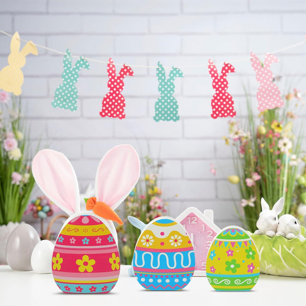 Threan Easter Egg Tabletop Decorations - 3 Pcs Wooden Signs for Spring Home & Dining Room Decor