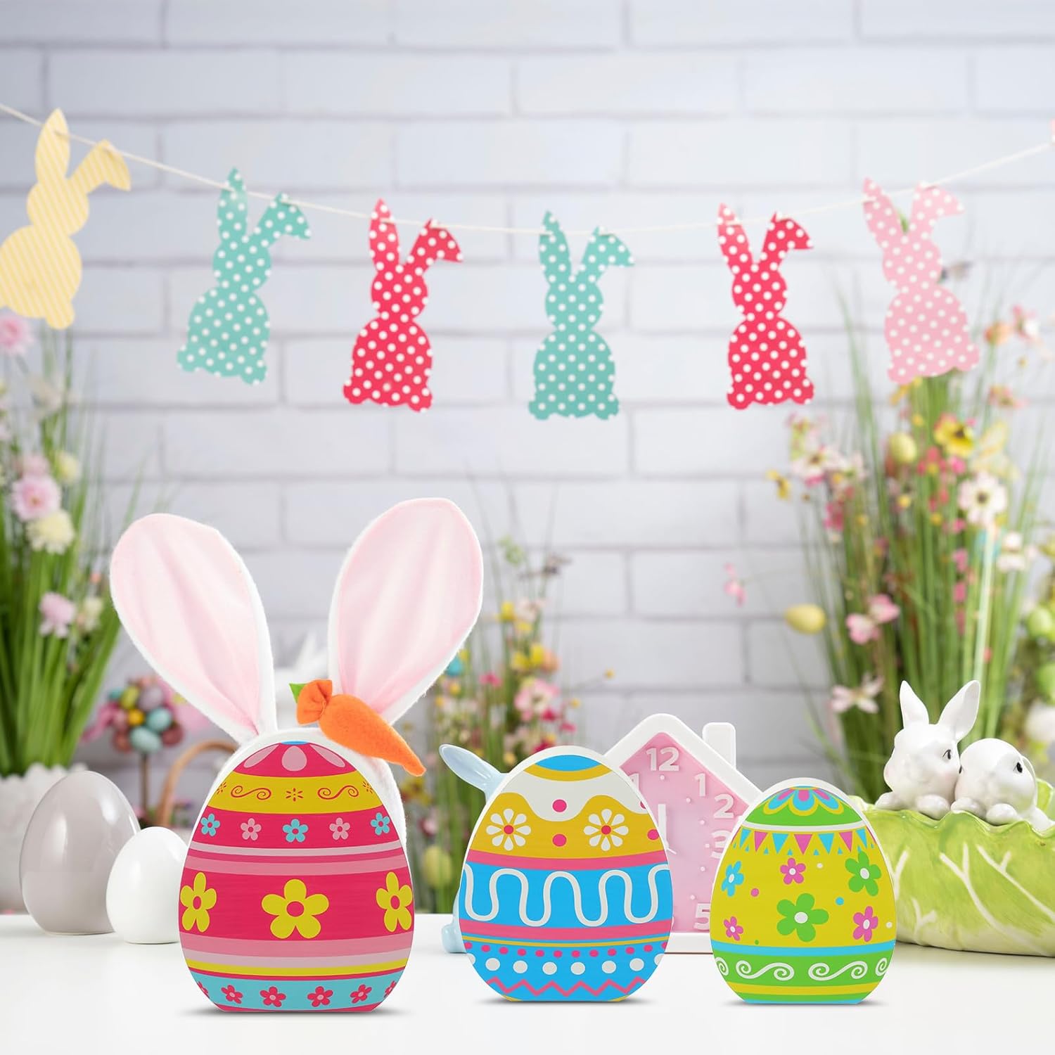 Threan Easter Egg Tabletop Decorations - 3 Pcs Wooden Signs for Spring Home & Dining Room Decor