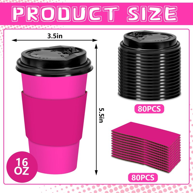 Whaline 80 Set Hot Pink Disposable Coffee Cups with Lids and Sleeves Pink Girl Paper Drinking Cups for Birthday Wedding Party Supplies