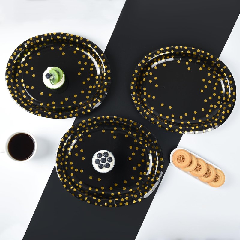 AimFun Black Gold Oval Paper Plates Golden Polka Dot Disposable Oval Party Platters 10" X 12" Large Decorative Serving Tray for Graduation Wedding Bridal Party Supplies (50, Black Gold)