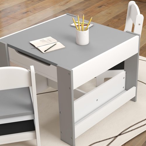 Qaba 3 Piece Kids Table and Chair Set, 4 in 1 Toddler Wooden Activity Table with Reversible Tabletop Blackboard, Storage & Bookshelves for Playroom, Nursery, Gray