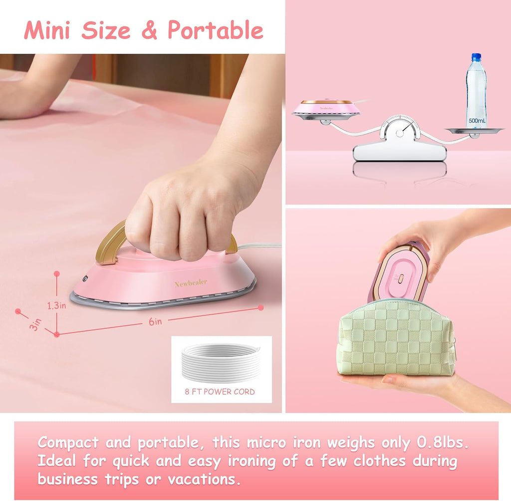 Newbealer Travel Iron - Mini Dry Iron with Global Voltage, 100-240V, Non-Stick Soleplate, 0.8lbs (Pink)