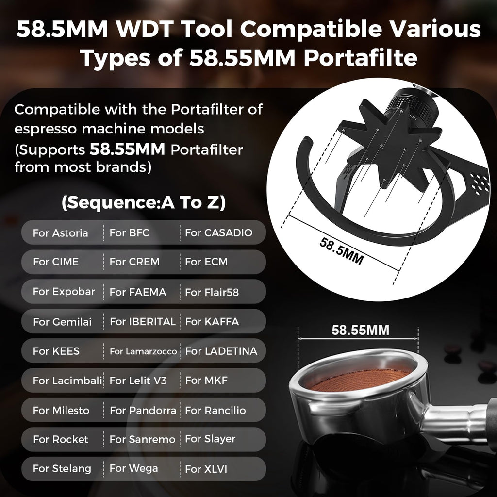 IKAPE Mantis WDT Distribution Tool with Clean Brush, 58.5mm Espresso Stirrer Distribution Tool for Barista, 8 Needle Espresso Stirrer with Dosing Funnel &Stand, Adjustable Needle Height, Walnut Handle