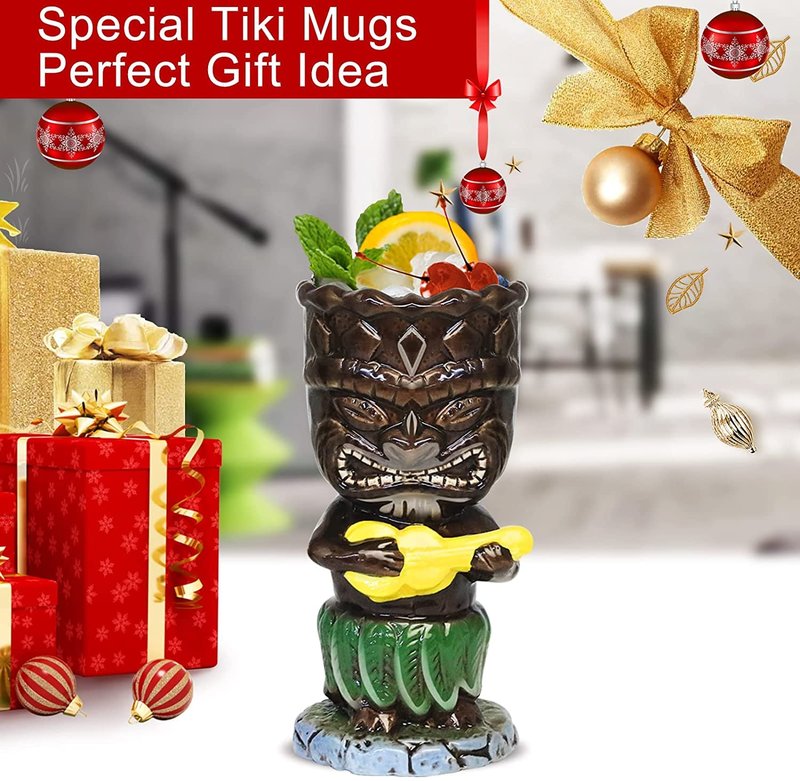 SuproBarware Tiki Mugs, 300ml Cocktail Glasses Set Colourful Ceramic Cocktail Cups Hawaiian Party Decoration for Exotic Party