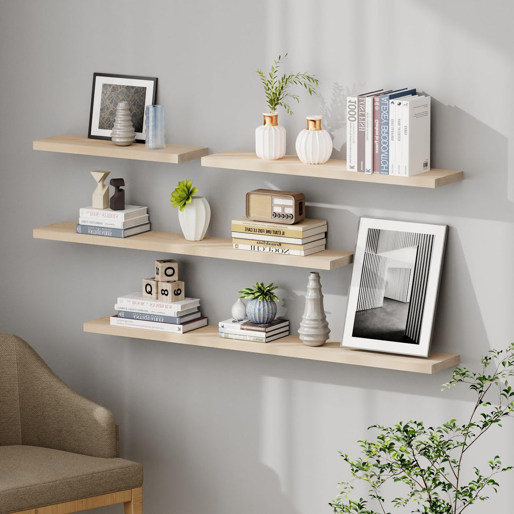 SAUMONIERES Floating Shelves 8 Inch Deep Solid Wood Wide Wall Shelf Set of 2 Wall Mounted for Bedroom Bathroom Living Room Kitchen, 36 Inch Natural