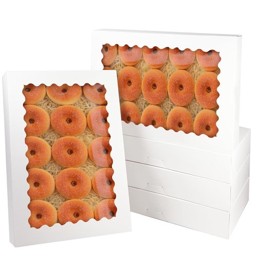 qiqee Auto-pop Up 14x10x2.5 Inch White Cookie Box with Window 15Pcs Pastry Macaron Bakery Box For Packaging