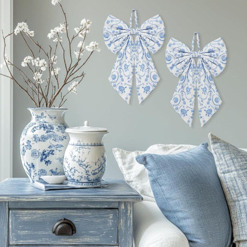 Suncalla Chinoiserie Wreath - Cute Flower Bow Front Door Hanger for Spring & Weddings | Blue Toile