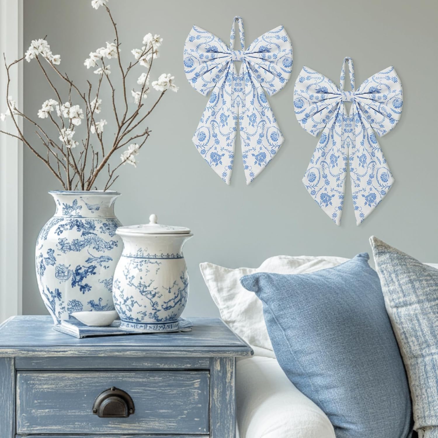 Suncalla Chinoiserie Wreath - Cute Flower Bow Front Door Hanger for Spring & Weddings | Blue Toile