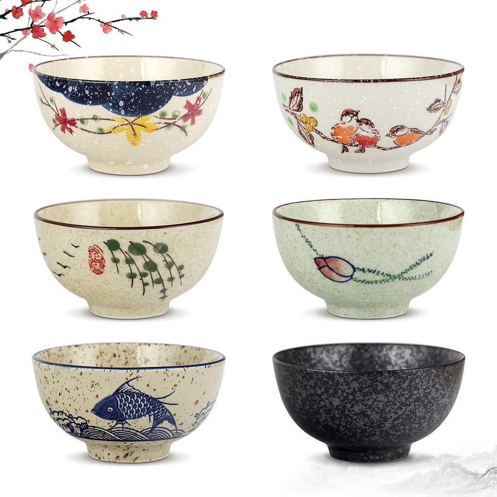 clothmile 4.5 Inch Japanese Retro Rice Bowls Set of 6 Japanese Style Hand-Painted Floral Plum Ceramic Bowls for Cereal, Soup, Dessert, Snack, Fruit, Salsa for Xmas Holiday Present